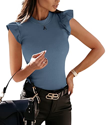 YBENLOVER Damen Tops Rundhals T-Shirt Sommer ärmellose Oberteile Elegant Tanks Bluse (XL, Blau) von YBENLOVER