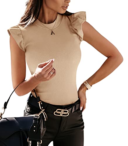 YBENLOVER Damen Tops Rundhals T-Shirt Sommer ärmellose Oberteile Elegant Tanks Bluse (L, Khaki) von YBENLOVER