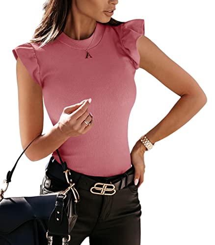 YBENLOVER Damen Tops Rundhals T-Shirt Sommer ärmellose Oberteile Elegant Tanks Bluse (L, Rosa) von YBENLOVER