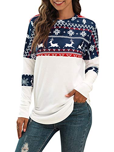 YBENLOVER Damen Weihnachten Sweatshirt Lustiges Xmas Langarm Tops Weihnachtspullover, A-dunkelblau, XL von YBENLOVER