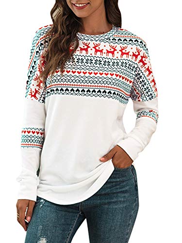 YBENLOVER Damen Weihnachten Sweatshirt Lustiges Xmas Langarm Tops Weihnachtspullover, A-weiß, L von YBENLOVER