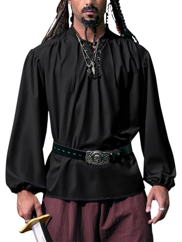 YBENLOVER Herren Mittelalter Hemd Stehkragen Schnürhemd Renaissance Viktorian Viking Kostüm V-Ausschnitt Piratenhemden (M, Schwarz) von YBENLOVER