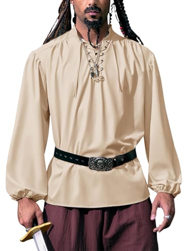 YBENLOVER Herren Mittelalter Hemd Stehkragen Schnürhemd Renaissance Viktorian Viking Kostüm V-Ausschnitt Piratenhemden (XL, Beige) von YBENLOVER