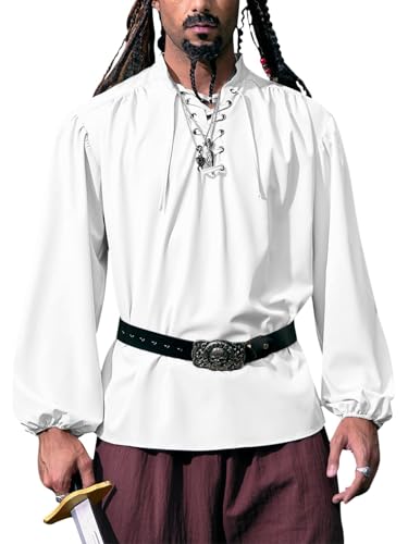 YBENLOVER Herren Mittelalter Hemd Stehkragen Schnürhemd Renaissance Viktorian Viking Kostüm V-Ausschnitt Piratenhemden (XL, Weiß) von YBENLOVER