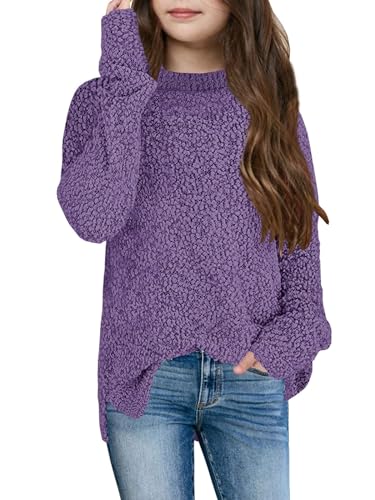 YBENLOVER Kinder Mädchen Fleece Strickpullover Fuzzy Pullover Warme Winter Oberteile Sweater (Lila, 120/5-6 Jahre) von YBENLOVER