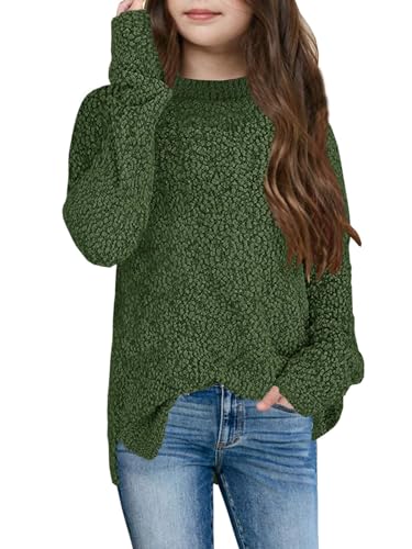 YBENLOVER Kinder Mädchen Fleece Strickpullover Fuzzy Pullover Warme Winter Oberteile Sweater (Armeegrün, 160/13-14 Jahre) von YBENLOVER