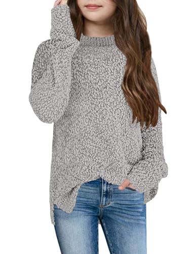 YBENLOVER Kinder Mädchen Fleece Strickpullover Fuzzy Pullover Warme Winter Oberteile Sweater (Grau, 160/13-14 Jahre) von YBENLOVER