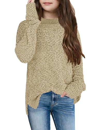 YBENLOVER Kinder Mädchen Fleece Strickpullover Fuzzy Pullover Warme Winter Oberteile Sweater (Khaki, 160/13-14 Jahre) von YBENLOVER