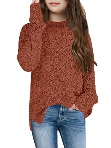 YBENLOVER Kinder Mädchen Fleece Strickpullover Fuzzy Pullover Warme Winter Oberteile Sweater (Orange, 150/10-12 Jahre) von YBENLOVER