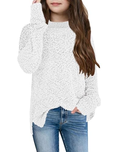 YBENLOVER Kinder Mädchen Fleece Strickpullover Fuzzy Pullover Warme Winter Oberteile Sweater (Weiß, 150/10-12 Jahre) von YBENLOVER