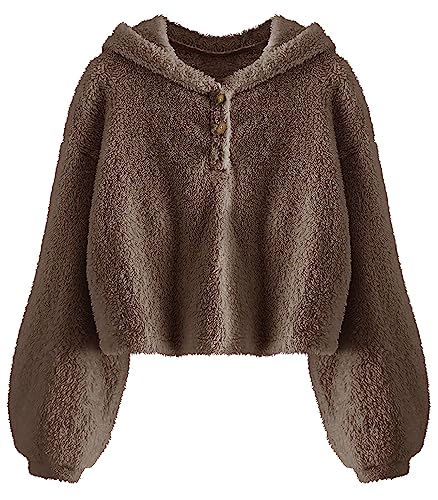 YBENLOVER Kinder Mädchen Kapuzenpullover Fleece Hoodie Sherpa Sweatershirt Warm Teddy Pulli, Braun, 13-14 Jahre von YBENLOVER