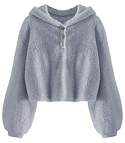 YBENLOVER Kinder Mädchen Kapuzenpullover Fleece Hoodie Sherpa Sweatershirt Warm Teddy Pulli, Grau, 9-10 Jahre von YBENLOVER