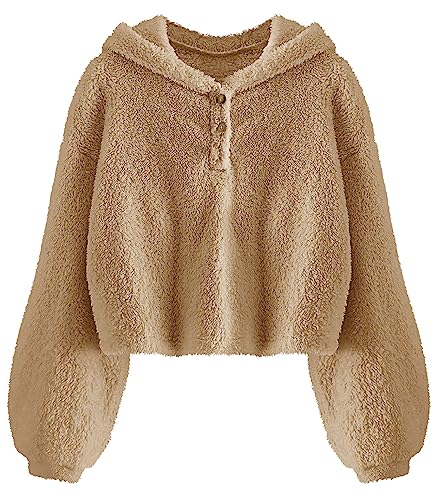 YBENLOVER Kinder Mädchen Kapuzenpullover Fleece Hoodie Sherpa Sweatershirt Warm Teddy Pulli, Khaki, 11-12 Jahre von YBENLOVER