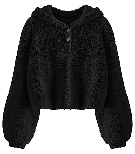 YBENLOVER Kinder Mädchen Kapuzenpullover Fleece Hoodie Sherpa Sweatershirt Warm Teddy Pulli, Schwarz, 7-8 Jahre von YBENLOVER