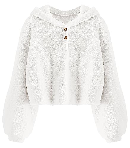 YBENLOVER Kinder Mädchen Kapuzenpullover Fleece Hoodie Sherpa Sweatershirt Warm Teddy Pulli, Weiß, 13-14 Jahre von YBENLOVER