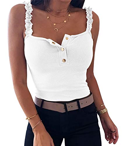 YBENLOVER Tops Damen Elegant ärmellose Oberteile Sommer V-Ausschnitt Bluse T Shirt Hemd, Weiß, L von YBENLOVER