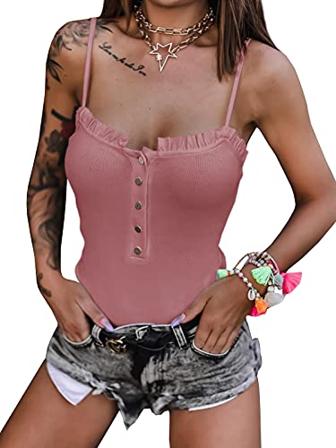 YBENLOVER Tops Damen Sommer Spaghetti Tank Vintage Volant Bluse Elegant Henley T-Shirts Hemd, Rosa, L von YBENLOVER