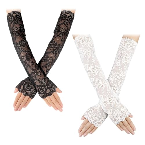 Spitze Fingerlose Handschuhe für Damen - Braut Abend Opernhandschuhe für Hochzeit, Halloween Party, Kostüm, Teeparty, Cosplay 20er Jahre Accessoires (Schwarz+Weiß, 2 Stück) von YBFBSJK