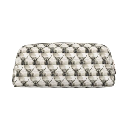 Lustiger Hochlandkuh Druck Schule Leder Bleistift für Jungen Mädchen Senior Leder Kosmetiktasche Make-up-Tasche mit Reißverschluss, gold, Einheitsgröße, Kosmetiktasche von YBGHDAA