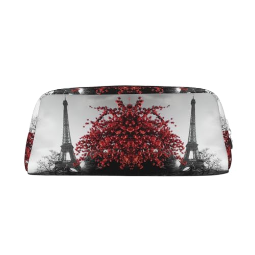 YBGHDAA Grauer Paris Eiffelturm Stadtbild rote Blume Druck Schule Leder Bleistift für Jungen Mädchen Senior Leder Kosmetiktasche Make-up-Tasche mit Reißverschluss, silber, Einheitsgröße von YBGHDAA