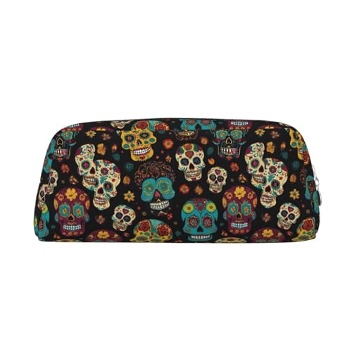 YBGHDAA Sugar and Skulls Printing School Leather Pencil for Boys Girls Senior Leather Cosmetic Case Makeup Bag with Zipper, silber, Einheitsgröße, Kosmetiktasche von YBGHDAA