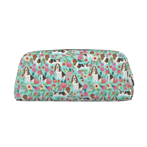 YBGHDAA Sweet Basset Hound Florals Printing School Leder Bleistift für Jungen Mädchen Senior Leder Kosmetiktasche Make-up-Tasche mit Reißverschluss, gold, Einheitsgröße, Kosmetiktasche von YBGHDAA
