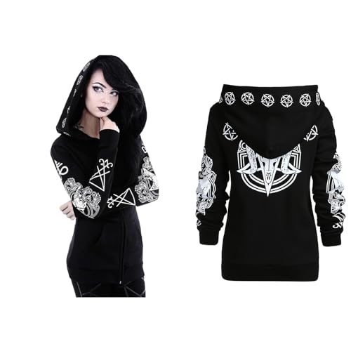 YBIRAL Damen Gothic Kapuzenjacke Herbst Winter Übergroße Punk Schwarz Moon Druck Sweatjacke Hoodie Sweatshirt Cardigan Jacke Mantel Oberteile Streetwear Halloween Karneval Kostüm von YBIRAL