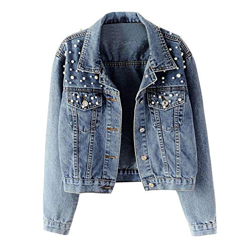 YBIRAL Damen Jeansjacke mit Perlen Übergangsjacke Leichte Jacke Denim Casual Mädchen Jeans Mantel Übergroß Outwear Kurz Coat S-5XL von YBIRAL