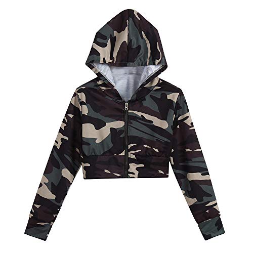 YBIRAL Damen Sweatjacke, Teenager Mädchen Bauchfrei Kapuzenpullover Camouflage Hoodie Sweatshirt Crop Pullover Tops Kapuzenjacke mit Kapuze Zip von YBIRAL