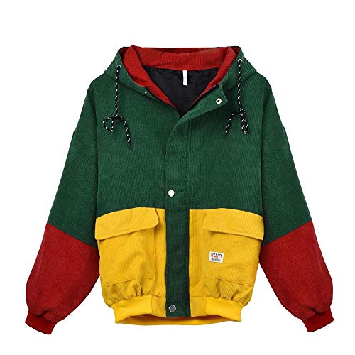 YBIRAL Mantel Damen Cordjacke, Beiläufig Langarm Corduroy Patchwork Übergroß Reißverschluss Stilvoll Bequem Outwear Windjacke Frühling Herbst Mädchen Jacke mit Kapuze von YBIRAL