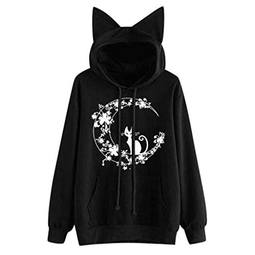 YEBIRAL Damen Kapuzenpullover mit Katze Ohren Hoodie Sweatshirt Pullover Oberteile Cat Druck Langarmshirt Gothic Tops Bluse von YBIRAL