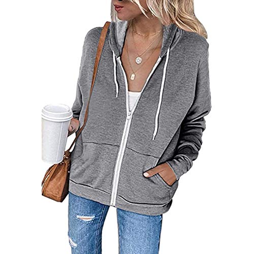 YEBIRAL Damen Sweatjacke Zip Hoodie Kapuzenjacke Langarm Pullover Oberteile Kapuzenpullover Mode Casual Sweatshirt Jacke mit Kapuze Taschen(L,Grau) von YBIRAL