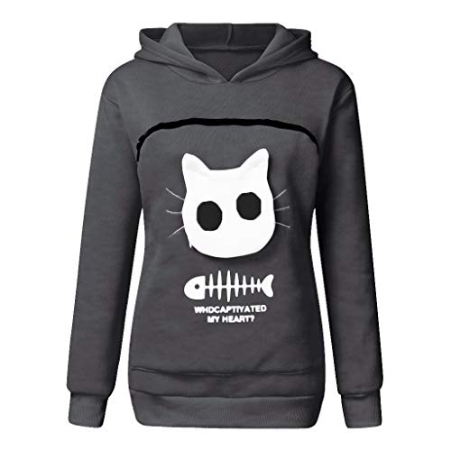 YEBIRAL Damen Übergröße Pullover Kapuzenpullover Katze Sweatshirt Hoodie Katzenpulli Tops Beutel Langarm Herbst Winter Pulli mit Katzen Hund Großen Känguru Tasche (T- Dunkelgrau, 3XL) von YBIRAL