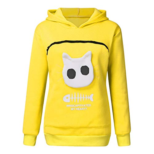 YEBIRAL Damen Übergröße Pullover Kapuzenpullover Katze Sweatshirt Hoodie Katzenpulli Tops Beutel Langarm Herbst Winter Pulli mit Katzen Hund Großen Känguru Tasche (T- Gelb, XXL) von YBIRAL