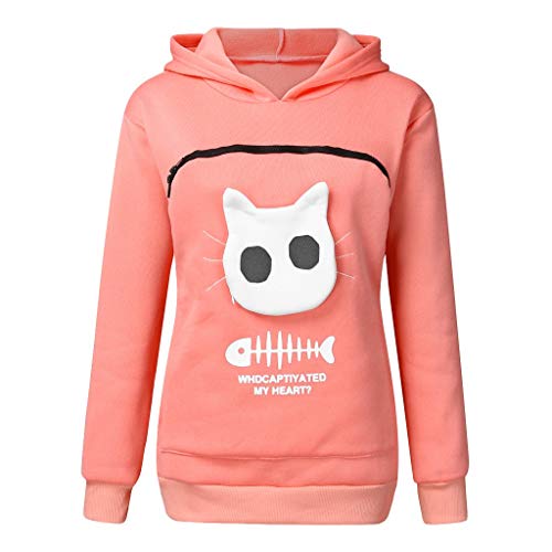 YEBIRAL Damen Übergröße Pullover Kapuzenpullover Katze Sweatshirt Hoodie Katzenpulli Tops Beutel Langarm Herbst Winter Pulli mit Katzen Hund Großen Känguru Tasche (T- Rosa, 3XL) von YBIRAL