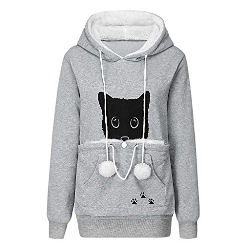 YEBIRAL Damen Übergröße Pullover Kapuzenpullover Katze Sweatshirt Hoodie Katzenpulli Tops Beutel Langarm Herbst Winter Pulli mit Katzen Hund Großen Känguru Tasche (U- Grau, L) von YBIRAL