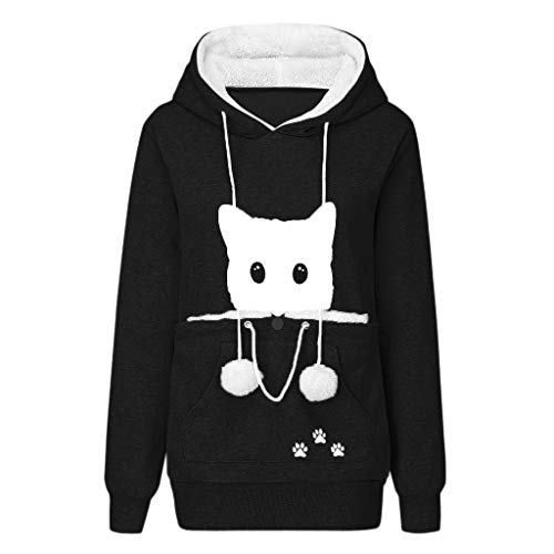 YEBIRAL Damen Übergröße Pullover Kapuzenpullover Katze Sweatshirt Hoodie Katzenpulli Tops Beutel Langarm Herbst Winter Pulli mit Katzen Hund Großen Känguru Tasche (U- Schwarz, L) von YBIRAL