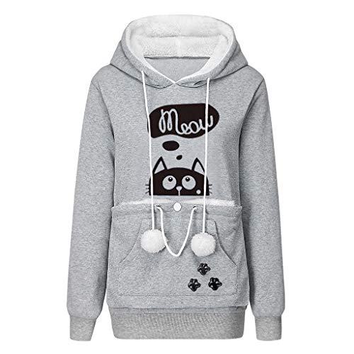 YEBIRAL Damen Übergröße Pullover Kapuzenpullover Katze Sweatshirt Hoodie Katzenpulli Tops Beutel Langarm Herbst Winter Pulli mit Katzen Hund Großen Känguru Tasche von YBIRAL