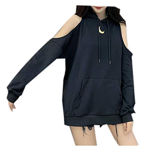 YEBIRAL Hoodie Damen Gothic Punk Kapuzenpullover Mond Drucken Schulterfrei Lange Tops Casual Langarm Sweatshirt Pullover Oberteile Pulli mit Kapuzen(M,Black) von YBIRAL