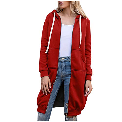 YEBIRAL Hoodie Damen Herbst Winter Lange Kapuzenpullover Sweatjacke Langarm Pullover Lässig Mantel Jacke Sweatshirt Oversize Coat Outwear Kapuzenjacke(3XL,I- Rot) von YBIRAL
