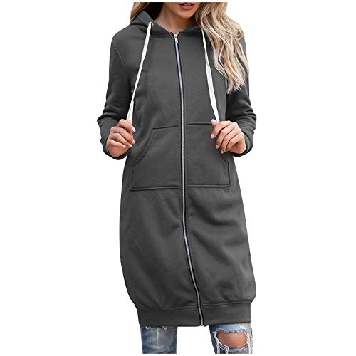 YEBIRAL Hoodie Damen Herbst Winter Lange Kapuzenpullover Sweatjacke Langarm Pullover Lässig Mantel Jacke Sweatshirt Oversize Coat Outwear Kapuzenjacke(5XL,I- Dunkelgrau) von YBIRAL