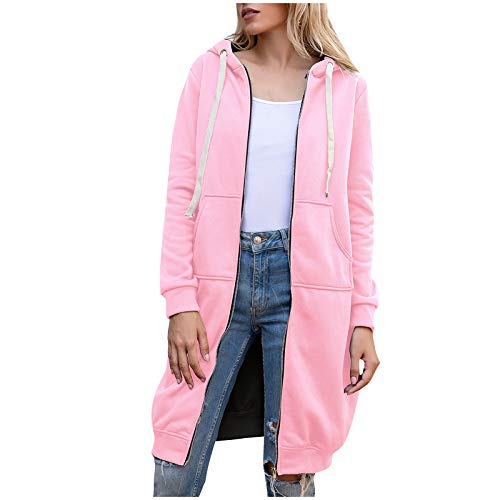 YEBIRAL Hoodie Damen Herbst Winter Lange Kapuzenpullover Sweatjacke Langarm Pullover Lässig Mantel Jacke Sweatshirt Oversize Coat Outwear Kapuzenjacke(5XL,I- Rosa) von YBIRAL