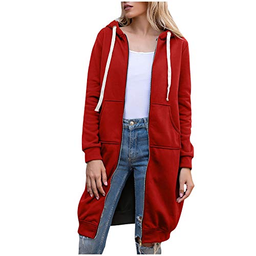 YEBIRAL Hoodie Damen Herbst Winter Lange Kapuzenpullover Sweatjacke Langarm Pullover Lässig Mantel Jacke Sweatshirt Oversize Coat Outwear Kapuzenjacke(5XL,I- Rot) von YBIRAL