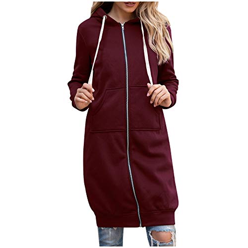 YEBIRAL Hoodie Damen Herbst Winter Lange Kapuzenpullover Sweatjacke Langarm Pullover Lässig Mantel Jacke Sweatshirt Oversize Coat Outwear Kapuzenjacke(L,I- Weinrot) von YBIRAL