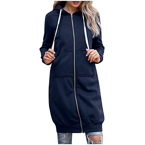 YEBIRAL Hoodie Damen Herbst Winter Lange Kapuzenpullover Sweatjacke Langarm Pullover Lässig Mantel Jacke Sweatshirt Oversize Coat Outwear Kapuzenjacke(S,I- Marineblau) von YBIRAL