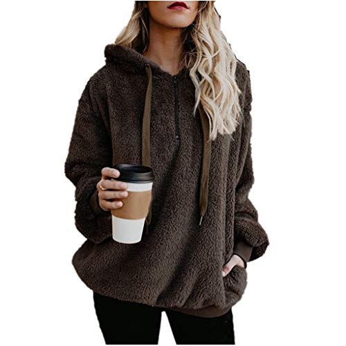 YEBIRAL Jacke Damen Kapuzenpullover Hoodie Winter Lose Warm Teddy-Fleece Pullover Oberteil Langarm Einfarbig Casual Sweatshirt Große Größen S-5XL(4XL,Braun) von YBIRAL