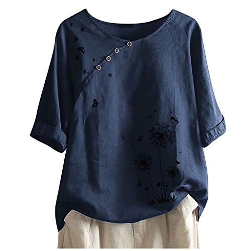 YEBIRAL Übergröße Damen Shirt Sommer Tops Lässige Bedruckt Tshirt 1/2 Ärmel Casual Loose Rundhals Oberteile Hemd Leinen Bluse Tunika Frühling Longshirt von YBIRAL