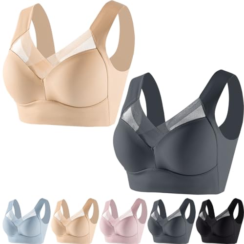 YBJJK Hatmeo-BH, Hatmeo-Haltungskorrektur-BH, Keilani-BH, kabelloser Push-up-Komfort-Crossover-BH (Skin + Gray,4XL) von YBJJK