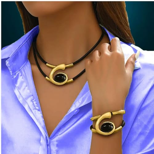 YBNKKUXKN Goldschmuckset, böhmisches doppellagiges schwarzes Seil mit ovalem schwarzem Acrylanhänger, Halskette und Armbandset als Geschenk Compatible with Frauen(Gold) von YBNKKUXKN
