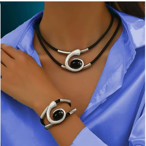 YBNKKUXKN Goldschmuckset, böhmisches doppellagiges schwarzes Seil mit ovalem schwarzem Acrylanhänger, Halskette und Armbandset als Geschenk Compatible with Frauen(Silver) von YBNKKUXKN